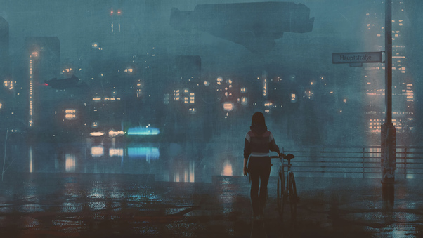 Girl With Bicycle On Roof Top 4k Wallpaper