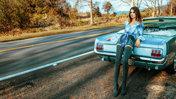 Girl With Classic Car Outdoor High Heeled Boots Wallpaper