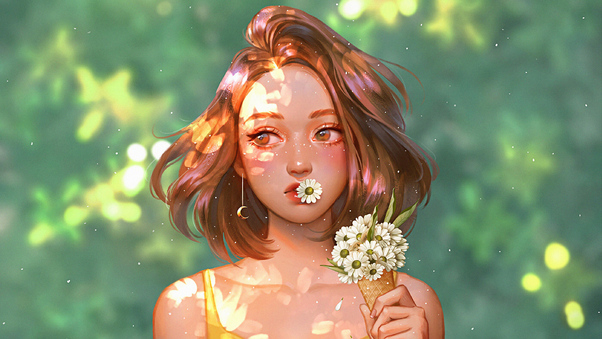 Girl With Daisy Flowers Wallpaper