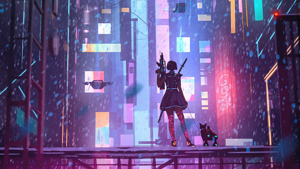 Girl With Dog In Cyber City 5k Wallpaper