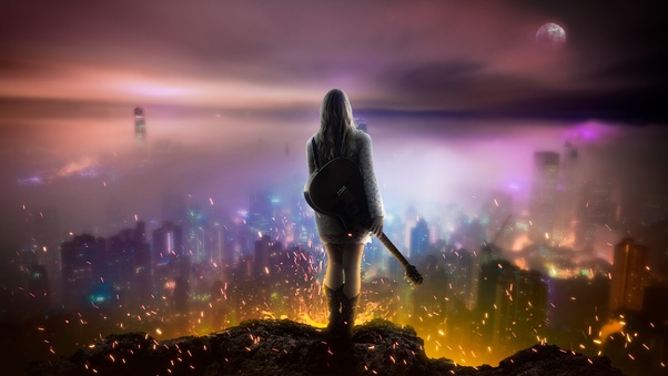 Girl With Guitar Watching City From Top Wallpaper