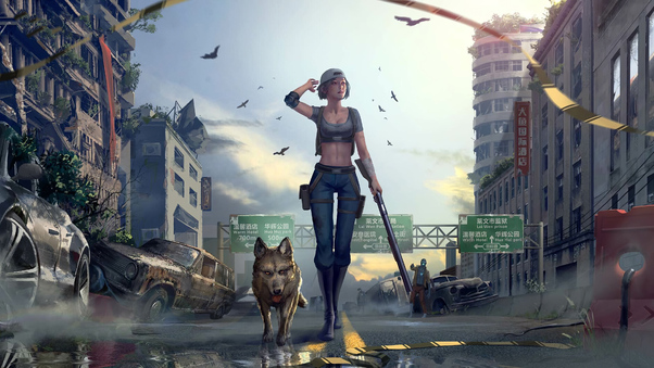 Girl With Gun Walking Downtown With Dog Wallpaper