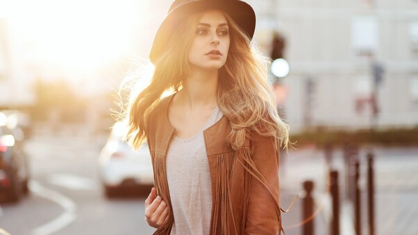 Girl With Hat And Leather Jacket Wallpaper