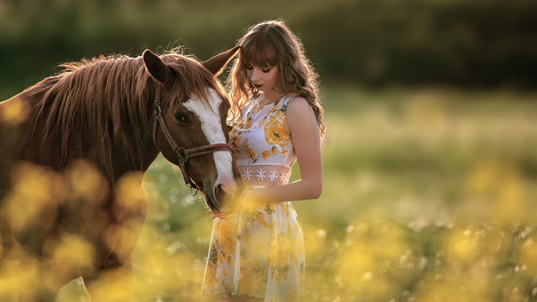 Girl With Horse In Field 4k Wallpaper