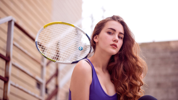 Girl With Racket In Tennis Court Wallpaper