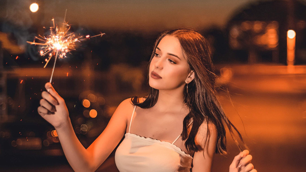 Girl With Sparkle Fireworks Wallpaper