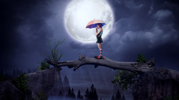 Girl With Umbrella Big Moon Digital Art 5k Wallpaper