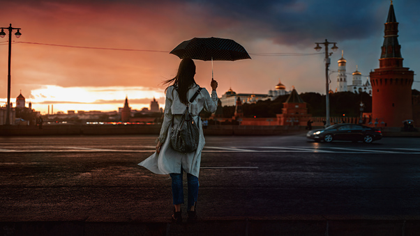 Girl With Umbrella Crossing Street 4k Wallpaper