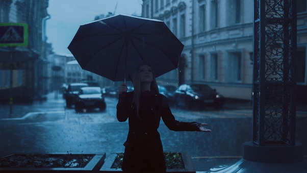 Girl With Umbrella Enjoying Rain Wallpaper