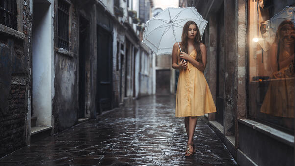 Girl With Umbrella In Yellow Dress Wallpaper