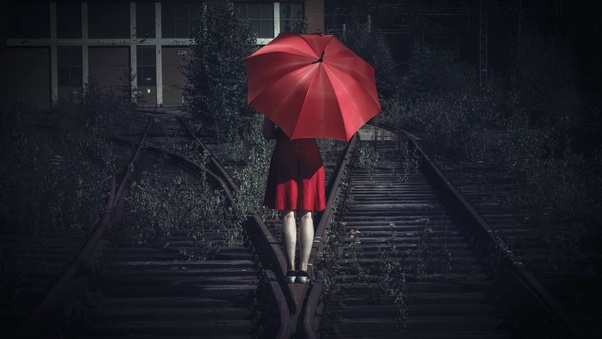 Girl With Umbrella On The Railway Wallpaper