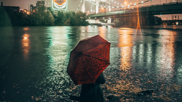 Girl With Umbrella Watching The Glowing Lights Of City Wallpaper