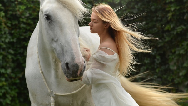 Girl With White Horse 5k Wallpaper