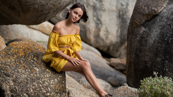 Girl Yellow Dress Sitting Rock Posing 4k Wallpaper