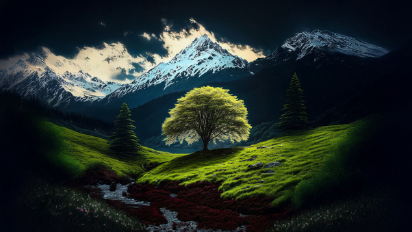Glowing Tree In Mountain Valley (1920x1200) Resolution Wallpaper