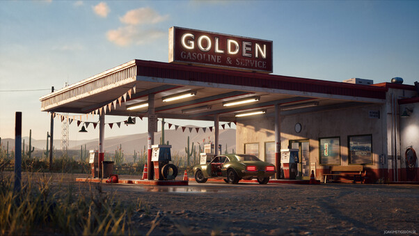 Golden Gasoline Desert Gas Station Wallpaper