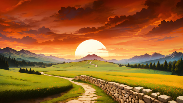 Golden Path Sunset Over Pastoral Valley Landscape (1280x720) Resolution Wallpaper