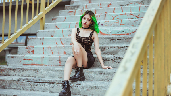 Green Hair Girl Sitting On Stairs 4k Wallpaper