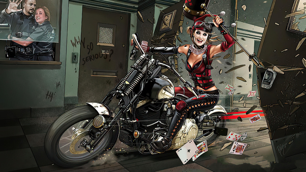 Harley Quinn With Bike Break Into Police Station Wallpaper
