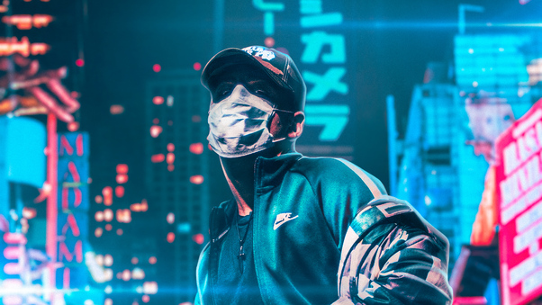 Hat Face Covered Mask Neon City 4k Wallpaper