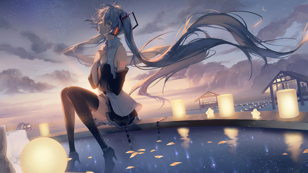 Hatsune Miku Anime Girl Headphones Looking Away Sunset Wallpaper,HD ...