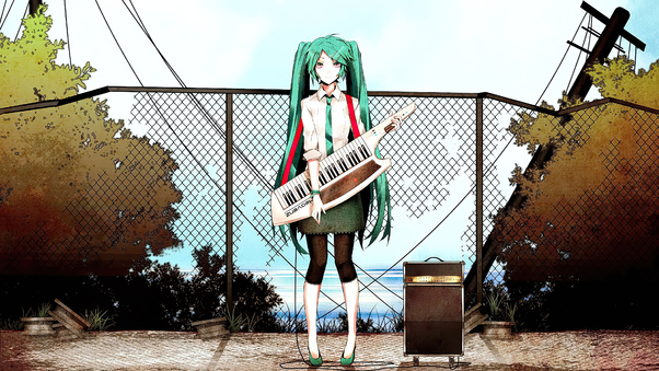 Hatsune Miku Cyan Hair Standing With Guitar 4k Wallpaper