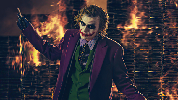 Heath Ledger Joker Cosplay Burning Buildings 4k Wallpaper