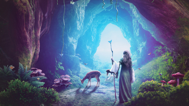 Heaven Cave Girl Deer Fantasy Art Wallpaper