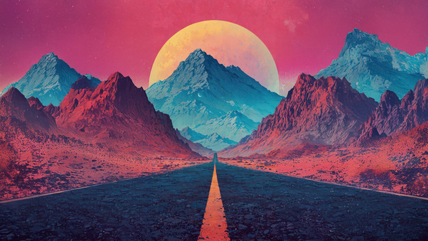 Highway To Giant Moon Synthwave Mountain Landscape (1280x720) Resolution Wallpaper
