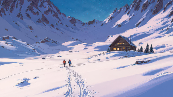 Hikers Walking Through Snow Valley (1280x720) Resolution Wallpaper
