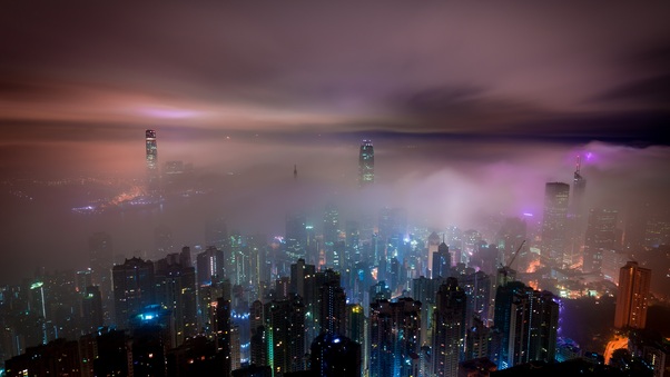 Hong Kong Buildings Night Lights Mist Wallpaper
