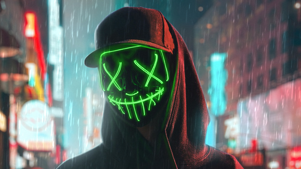 Hoodie Boy Green Glowing Mask 4k Wallpaper