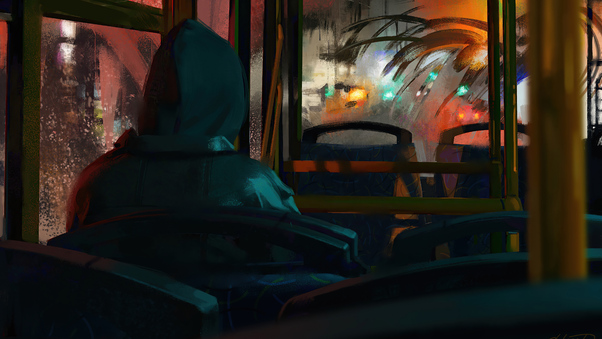 Hoodie Boy In Rainy Season Inside Bus Wallpaper