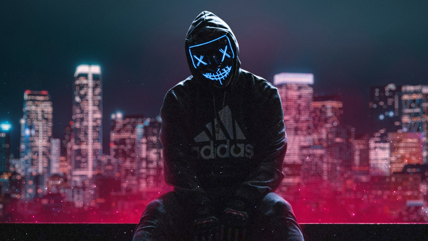 Hoodie Boy Sitting Neon Mask Wallpaper