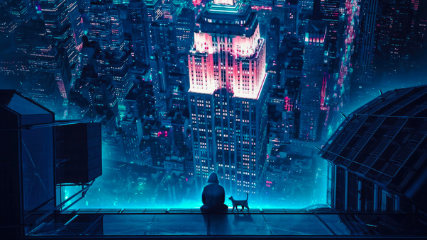 Hoodie Boy Sitting With Cat Watching Over Scifi City Wallpaper