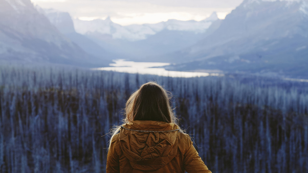 Hoodie Girl Brunette Looking At The Nature Landscape Wallpaper