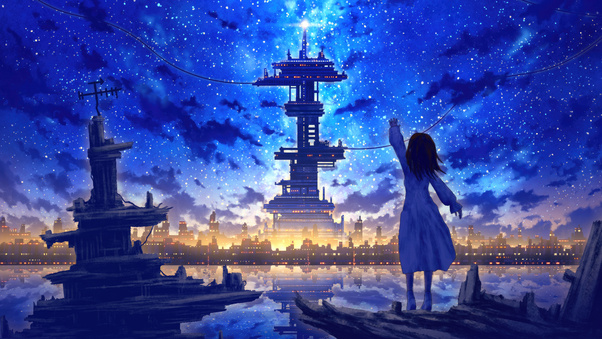 Hopeful Hellos Anime Girl Waving At The Shadow Of Progress Wallpaper