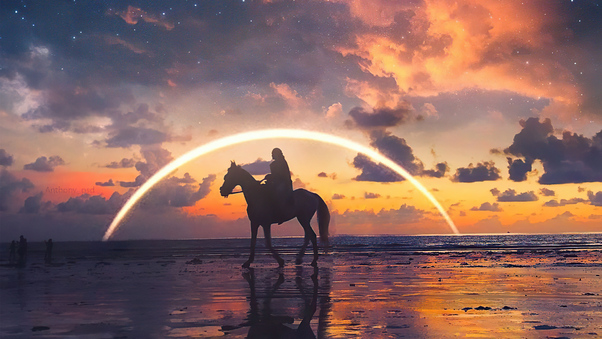 Horse Rider Sunset Beach Side Artwork Wallpaper