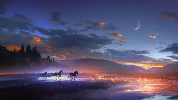 Horses Running Dreamy Scenery Wallpaper