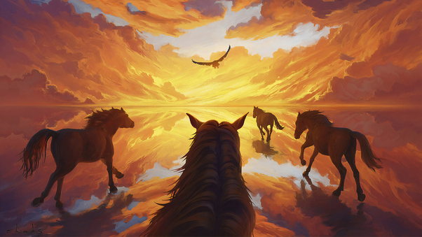 Horses Running Towards Light 4k Wallpaper