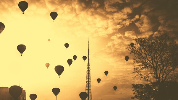 Hot Air Balloons Tower Orange Contrast Clouds 5k Wallpaper