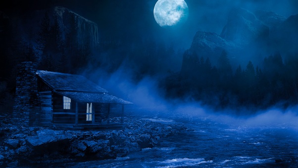 House Night Full Moon Fantasy Lake Flowing On Side 5k Wallpaper