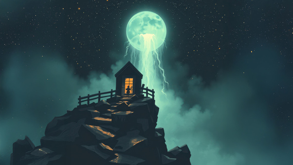 House On Mountain With Jellyfish Moon (1280x720) Resolution Wallpaper