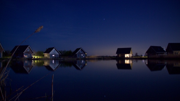 Houses At Lake Water Starry Night 5k Wallpaper