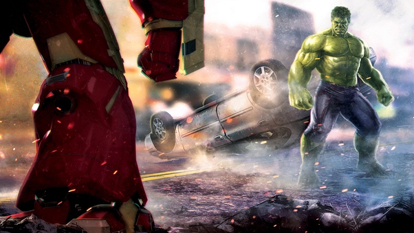 Hulk And Iron Hulkuster Fighting Artwork Wallpaper
