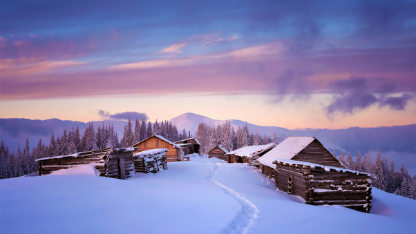 Huts Covered In Snow 4k Wallpaper