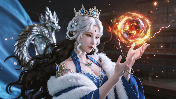 Ice Queen With Dragon And Fire Orb (1920x1080) Resolution Wallpaper