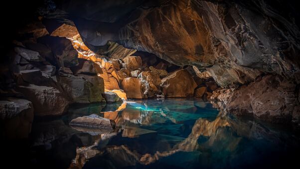Iceland Cave Surrouned With Blue Body Of Water 5k Wallpaper