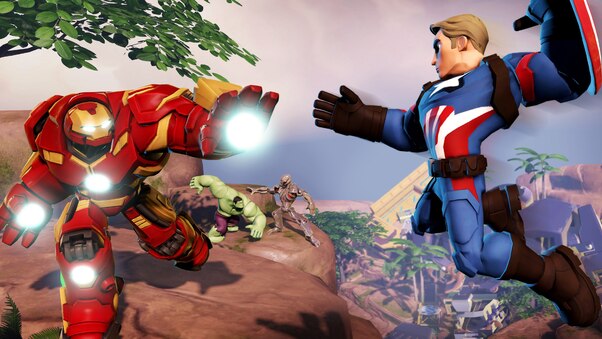 Iron Hulkbuster And Captain America In Marvel Battlegrounds Wallpaper