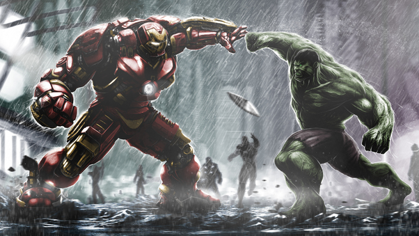 Iron Hulkbuster And Hulk Fight Artwork Wallpaper